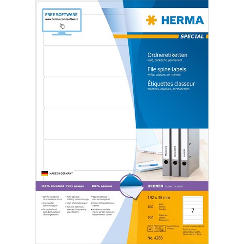 Rückenschilder zum Bedrucken 38x192mm kurz schmal auf A4 Bögen weiß selbstklebend Herma 4283 (PACK=700 STÜCK) Produktbild Additional View 1 L