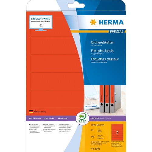 Rückenschilder zum Bedrucken 38x192mm kurz schmal auf A4 Bögen rot selbstklebend Herma 5092 (PACK=140 STÜCK) Produktbild Additional View 1 L