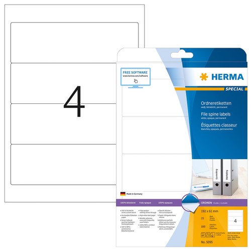 Rückenschilder zum Bedrucken 61x192mm kurz breit auf A4 Bögen  weiß selbstklebend Herma 5095 (PACK=100 STÜCK) Produktbild