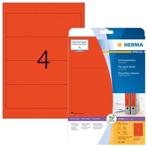 Rückenschilder zum Bedrucken 61x192mm kurz breit auf A4 Bögen rot selbstklebend Herma 5097 (PACK=80 STÜCK) Produktbild
