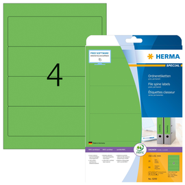 Rückenschilder zum Bedrucken 61x192mm kurz breit auf A4 Bögen grün selbstklebend Herma 5099 (PACK=80 STÜCK) Produktbild