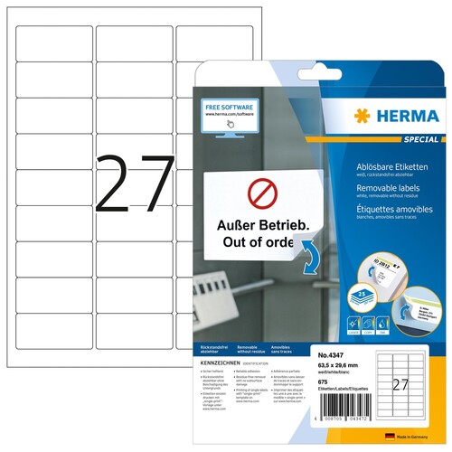 Etiketten Inkjet+Laser+Kopier 63,5x29,6mm auf A4 Bögen Movables weiß wiederablösbar Herma 4347 (PACK=675 STÜCK) Produktbild