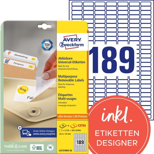 Etiketten Inkjet+Laser+Kopier 25,4x10mm auf A4 Bögen weiß wiederablösbar Zweckform L4731REV-25 (PACK=5670 STÜCK) Produktbild Front View L