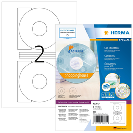 CD-Etiketten Inkjet+Laser+Kopier 116mm ø auf A4 Bögen weiß permanent Herma 4471 (PACK=200 STÜCK) Produktbild