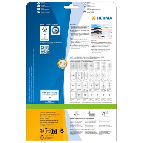 Etiketten PREMIUM Inkjet+Laser+Kopier 96,5x42,3mm auf A4 Bögen weiß permanent Herma 5056 (PACK=300 STÜCK) Produktbild Additional View 1 L