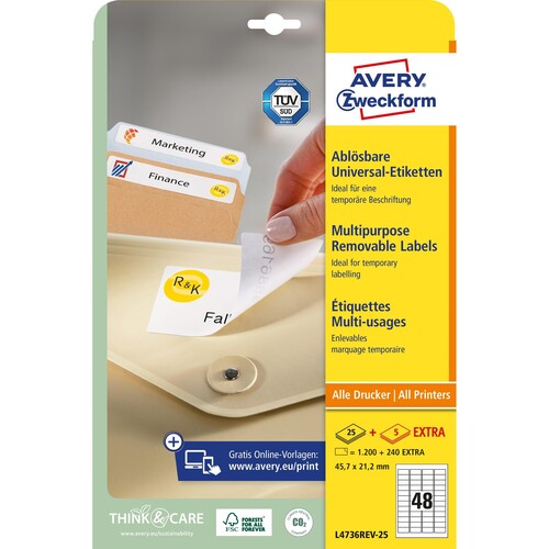 Etiketten Inkjet+Laser+Kopier 45,7x21,2mm auf A4 Bögen weiß wiederablösbar Zweckform L4736REV-25 (PACK=1440 STÜCK) Produktbild Additional View 1 L