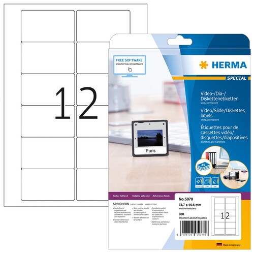 Video-Etiketten Inkjet+Laser+Kopier 78,7x46,6mm auf A4 Bögen weiß permanent Herma 5070 (PACK=300 STÜCK) Produktbild
