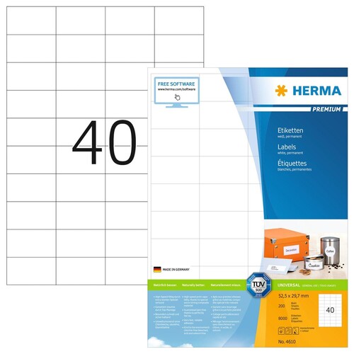 Etiketten PREMIUM Inkjet+Laser+Kopier 52,5x29,7mm auf A4 Bögen weiß permanent Herma 4610 (PACK=8000 STÜCK) Produktbild