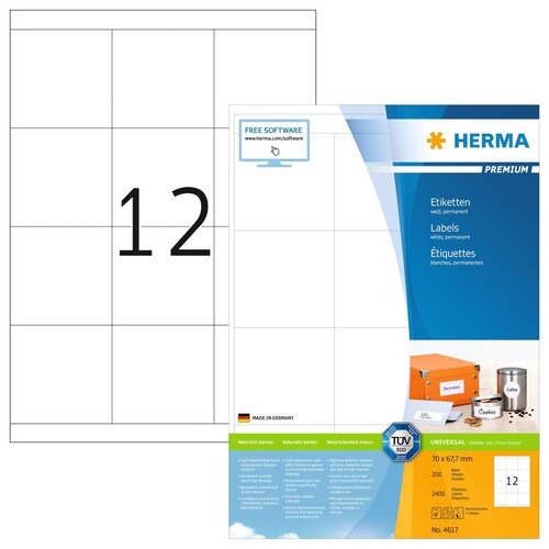 Etiketten PREMIUM Inkjet+Laser+Kopier 70x67,7mm auf A4 Bögen weiß permanent Herma 4617 (PACK=2400 STÜCK) Produktbild