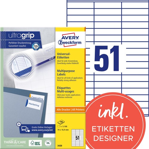 Etiketten Inkjet+Laser+Kopier 70x16,9mm auf A4 Bögen weiß Zweckform 3420 (PACK=5100 STÜCK) Produktbild