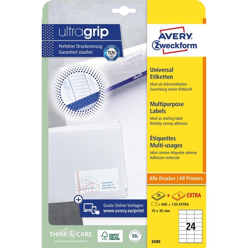 Etiketten Inkjet+Laser+Kopier 70x36mm auf A4 Bögen weiß Zweckform 3490 (PACK=720 STÜCK) Produktbild Additional View 1 L