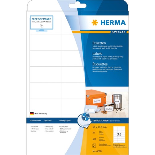 Etiketten Inkjet 66x33,8mm auf A4 Bögen weiß Foto-Qualität permanent Herma 4820 (PACK=600 STÜCK) Produktbild Additional View 1 L