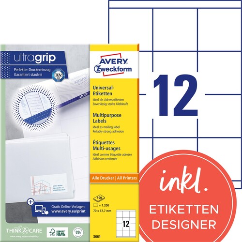 Etiketten Inkjet+Laser+Kopier 70x67,7mm auf A4 Bögen weiß Zweckform 3661 (PACK=1200 STÜCK) Produktbild