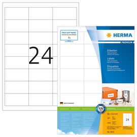 Etiketten PREMIUM Inkjet+Laser+Kopier 66x33,8mm auf A4 Bögen weiß permanent Herma 4670 (PACK=2400 STÜCK) Produktbild