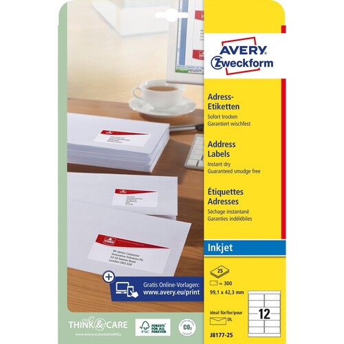 Adress-Etiketten Inkjet 99,1x42,3mm auf A4 Bögen weiß schnelltrocknend Zweckform J8177-25 (PACK=300 STÜCK) Produktbild Additional View 1 L