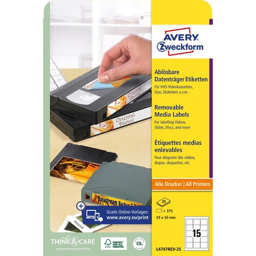 Disketten-Etiketten Inkjet+Laser+Kopier 59x50mm auf A4 Bögen weiß wiederablösbar Zweckform L4747REV-25 (PACK=375 STÜCK) Produktbild Additional View 1 L