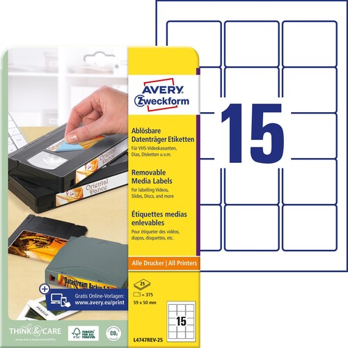 Disketten-Etiketten Inkjet+Laser+Kopier 59x50mm auf A4 Bögen weiß wiederablösbar Zweckform L4747REV-25 (PACK=375 STÜCK) Produktbild