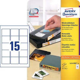 Disketten-Etiketten Inkjet+Laser+Kopier 59x50mm auf A4 Bögen weiß wiederablösbar Zweckform L4747REV-25 (PACK=375 STÜCK) Produktbild