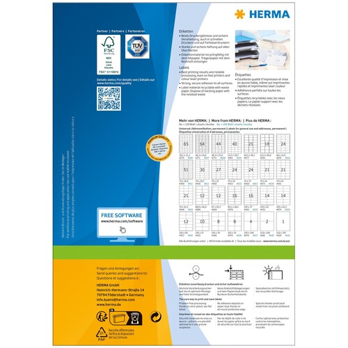 Etiketten PREMIUM Inkjet+Laser+Kopier 70x50,8mm auf A4 Bögen weiß permanent Herma 4278 (PACK=1500 STÜCK) Produktbild Additional View 1 L