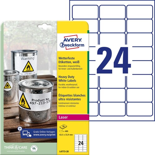 Folien-Etiketten Laser 63,5x33,9mm auf A4 Bg wetterfest+strapazierfähig+ permanent matt weiß Zweckform L4773-20 (PACK=480 STÜCK) Produktbild