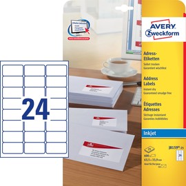Adress-Etiketten Inkjet 63,5x33,9mm auf A4 Bögen weiß schnelltrocknend Zweckform J8159-25 (PACK=600 STÜCK) Produktbild