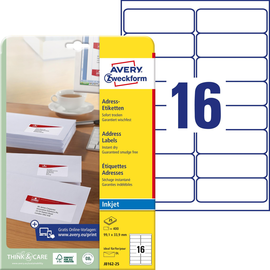 Adress-Etiketten Inkjet 99,1x33,9mm auf A4 Bögen weiß schnelltrocknend Zweckform J8162-25 (PACK=400 STÜCK) Produktbild