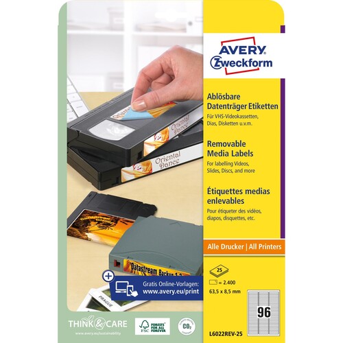 Data Cartridge Etiketten Inkjet+Laser+ Kopier 63,5x8,5mm auf A4 Bögen weiß wiederablösbar Zweckform L6022REV-25 (PACK=2400 STÜCK) Produktbild Additional View 1 L