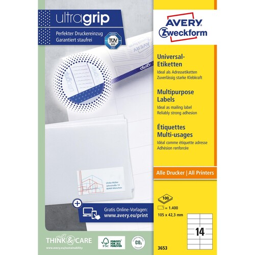 Etiketten Inkjet+Laser+Kopier 105x42,3mm auf A4 Bögen weiß Zweckform 3653 (PACK=1400 STÜCK) Produktbild Additional View 1 L