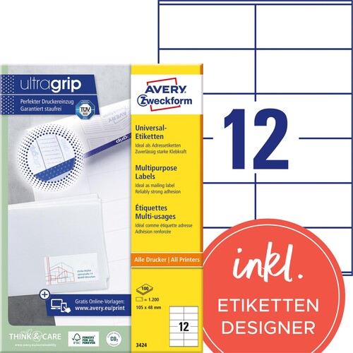 Etiketten Inkjet+Laser+Kopier 105x48mm auf A4 Bögen weiß Zweckform 3424 (PACK=1200 STÜCK) Produktbild