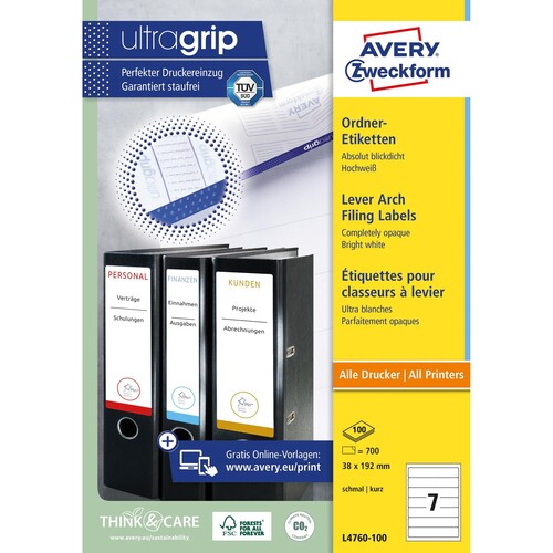 Rückenschilder zum Bedrucken 38x192mm kurz schmal auf A4 Bögen weiß selbstklebend Zweckform L4760-100 (PACK=700 STÜCK) Produktbild Additional View 1 L