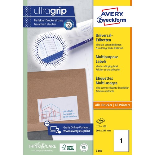 Etiketten Inkjet+Laser+Kopier 200x297mm auf A4 Bögen weiß Zweckform 3418 (PACK=100 STÜCK) Produktbild Additional View 1 L