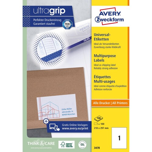 Etiketten Inkjet+Laser+Kopier 210x297mm auf A4 Bögen weiß Zweckform 3478 (PACK=100 STÜCK) Produktbild Additional View 1 L