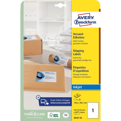 Adress-Etiketten Inkjet 199,6x289,1mm auf A4 Bögen weiß schnelltrocknend Zweckform J8167-25 (PACK=25 STÜCK) Produktbild Additional View 1 L