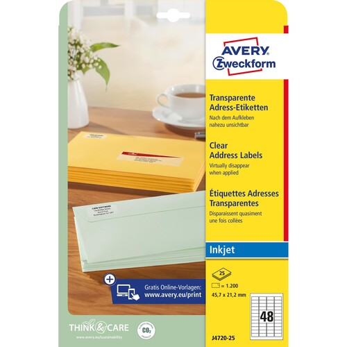 Adress-Etiketten Inkjet 45,7x21,2mm auf A4 Bögen transparent Zweckform J4720-25 (PACK=1200 STÜCK) Produktbild Additional View 1 L