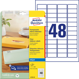 Adress-Etiketten Inkjet 45,7x21,2mm auf A4 Bögen transparent Zweckform J4720-25 (PACK=1200 STÜCK) Produktbild