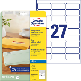 Adress-Etiketten Inkjet 63,5x29,6mm auf A4 Bögen transparent Zweckform J4721-25 (PACK=675 STÜCK) Produktbild