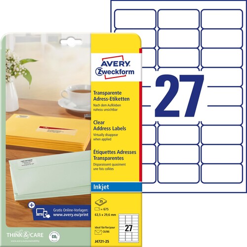 Adress-Etiketten Inkjet 63,5x29,6mm auf A4 Bögen transparent Zweckform J4721-25 (PACK=675 STÜCK) Produktbild