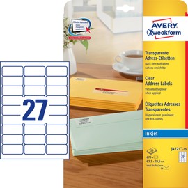 Adress-Etiketten Inkjet 63,5x29,6mm auf A4 Bögen transparent Zweckform J4721-25 (PACK=675 STÜCK) Produktbild