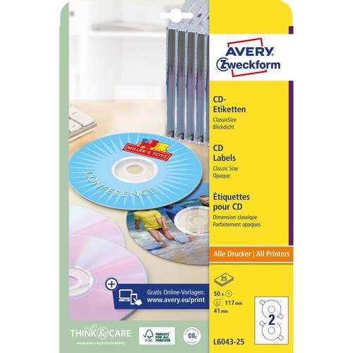 CD-Etiketten Inkjet+Laser+Kopier 117mm ø auf A4 Bögen weiß Zweckform L6043-25 (PACK=50 STÜCK) Produktbild Additional View 1 L