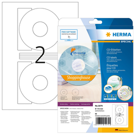 CD-Etiketten Inkjet+Laser+Kopier ø116mm auf A4 Bögen weiß matt blickdicht permanent Herma 5079 (PACK=50 STÜCK) Produktbild