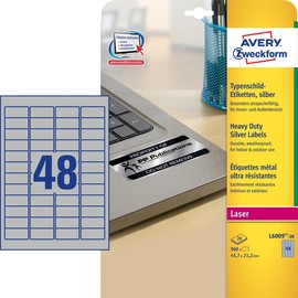 Typenschild-Etiketten Laser+Kopier 45,7x21,2mm auf A4 Bögen silber Polyester Zweckform L6009-20 (PACK=960 STÜCK) Produktbild