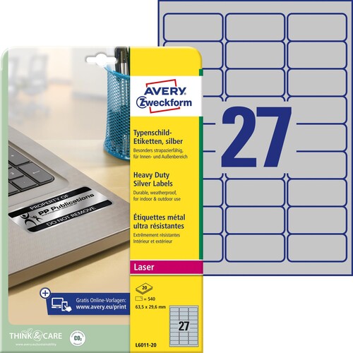 Typenschild-Etiketten Laser+Kopier 63,5x29,6mm auf A4 Bögen silber Polyester Zweckform L6011-20 (PACK=540 STÜCK) Produktbild