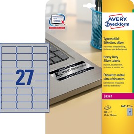 Typenschild-Etiketten Laser+Kopier 63,5x29,6mm auf A4 Bögen silber Polyester Zweckform L6011-20 (PACK=540 STÜCK) Produktbild