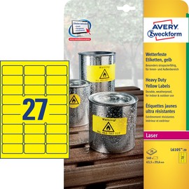 Folien-Etiketten Laser 63,5x29,6mm auf A4 Bögen wetterfest+strapazierfähig gelb Zweckform L6105-20 (PACK=540 STÜCK) Produktbild