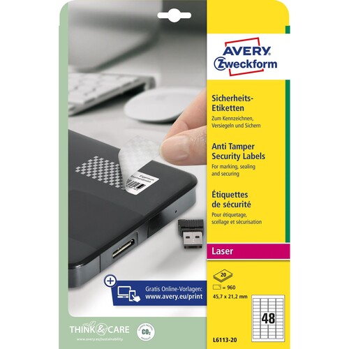 Sicherheits-Etiketten Laser+Kopier 45,7x21,2mm auf A4 Bögen weiß Polyester Zweckform L6113-20 (PACK=960 STÜCK) Produktbild Additional View 1 L