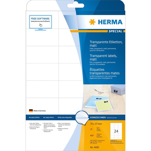 Folien-Etiketten Laser+Kopier 70x37mm auf A4 Bögen  wetterfest+alterungs- beständig transparent Herma 4685 (PACK=600 STÜCK) Produktbild Additional View 1 L