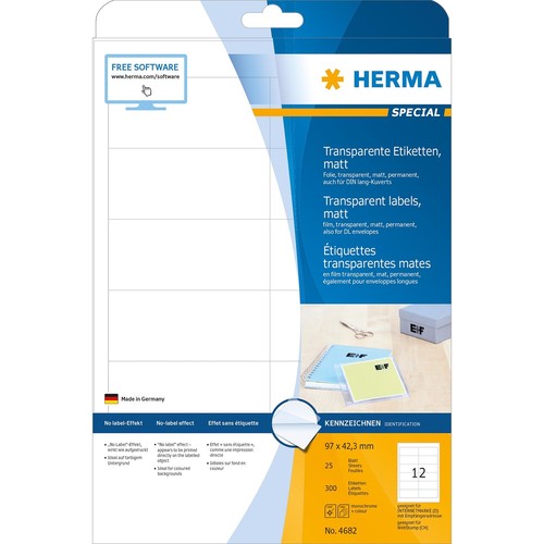 Folien-Etiketten Laser+Kopier 97x42,3mm auf A4 Bögen wetterfest+alterungs- beständig transparent Herma 4682 (PACK=300 STÜCK) Produktbild Additional View 1 L