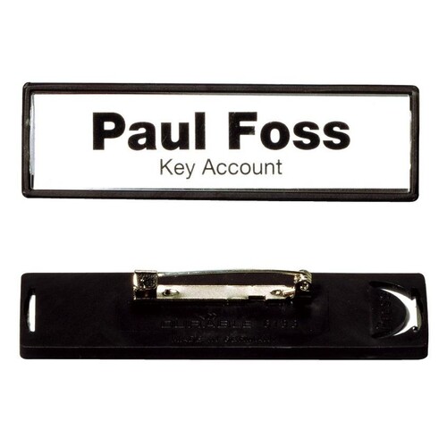 Namensschild CLIP CARD mit Plattennadel 17x67mm schwarzer Rahmen Durable 8133-01 (PACK=25 STÜCK) Produktbild Front View L