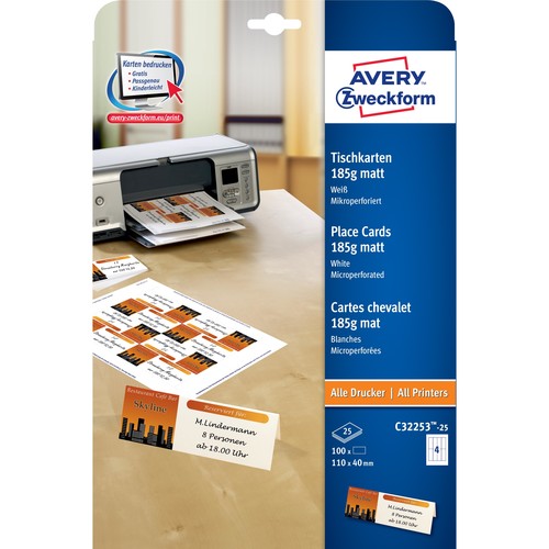 Tischkarten Inkjet+Laser+Kopier 110x40mm auf A4 Bögen 185g weiß Zweckform C32253-25 (PACK=100 STÜCK) Produktbild Additional View 1 L