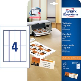 Tischkarten Inkjet+Laser+Kopier 110x40mm auf A4 Bögen 185g weiß Zweckform C32253-25 (PACK=100 STÜCK) Produktbild